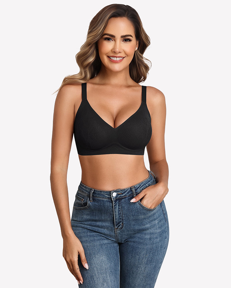 Seamless no-wire padded bra in black with V-neck and adjustable straps