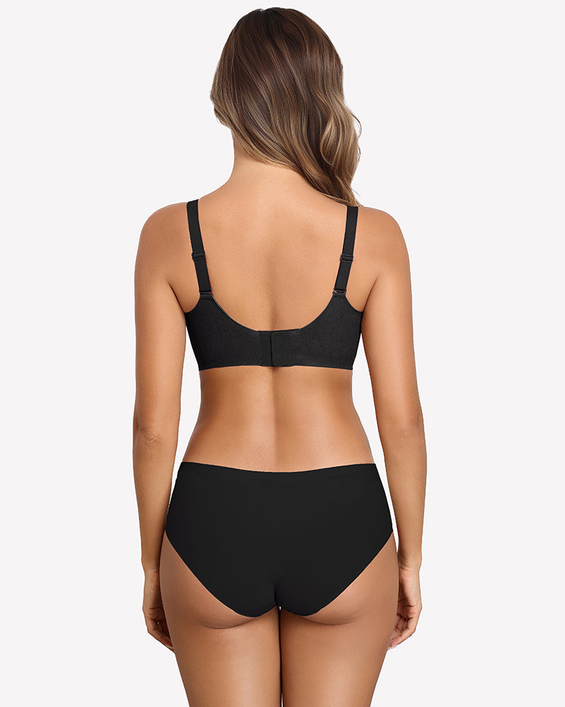 Seamless no-wire padded bra in black, back view with adjustable straps