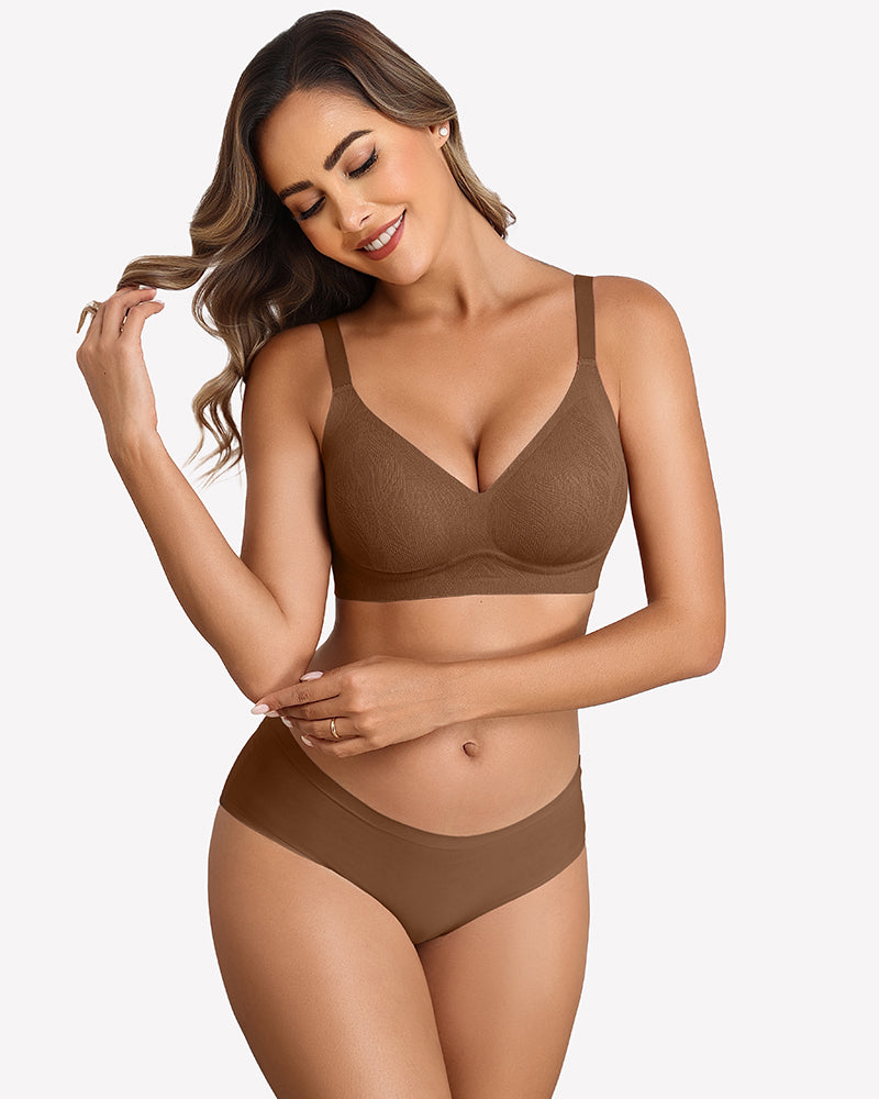 Seamless no-wire padded bra in coffee brown, front view with V-neck padded cups