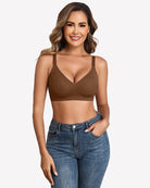 Seamless no-wire padded bra in coffee brown, V-neck padded cups