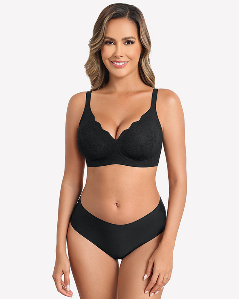 Black wireless seamless full-coverage bra with scalloped lace-trim cups