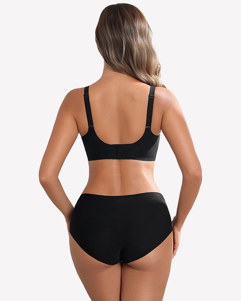 Black wireless seamless full-coverage bra with back straps and lace-trim back