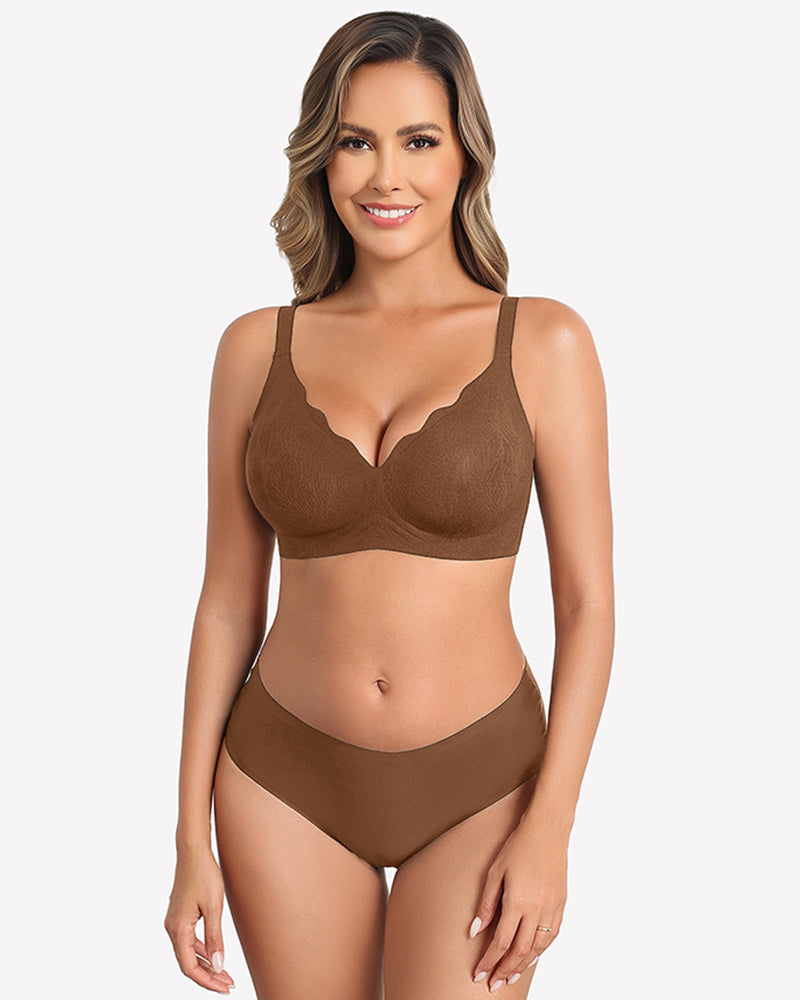 Brown wireless seamless full-coverage bra with scalloped lace-trim cups