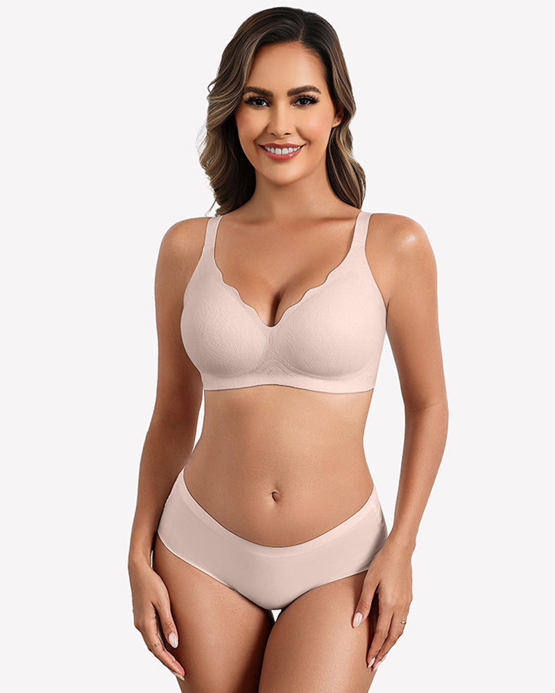 Light nude wireless seamless full-coverage bra with scalloped lace-trim cups