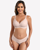 Light nude wireless seamless full-coverage bra with scalloped lace-trim cups
