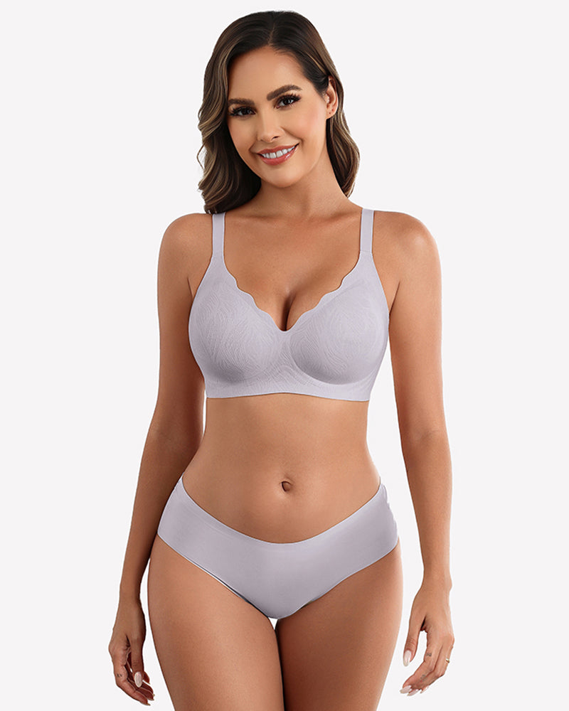 Seamless wireless full-coverage bra with lace trim, light purple