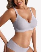 Seamless wireless full-coverage bra with lace trim, light purple, scalloped V neckline