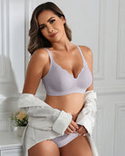 Light purple wireless seamless full-coverage bra with scalloped lace-trim cups