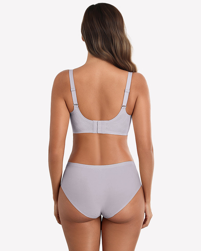 Seamless wireless full-coverage bra with lace trim, light purple, back straps