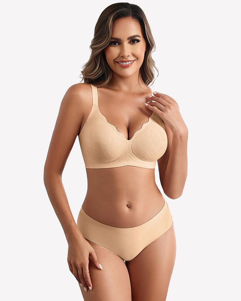 Seamless wireless full-coverage bra with lace trim, nude, scalloped V neckline