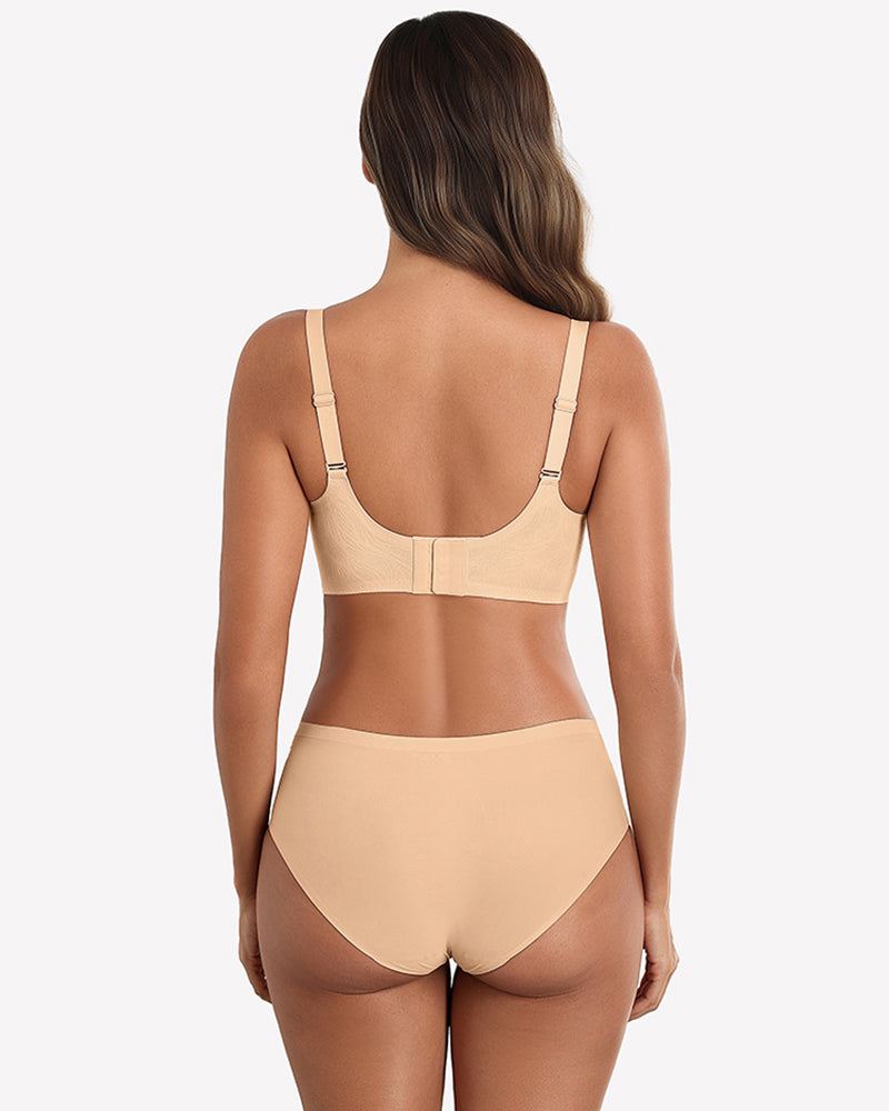 Seamless wireless full-coverage bra with lace trim, nude, back straps