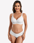 Seamless wireless full-coverage bra with lace trim, white, scalloped V neckline