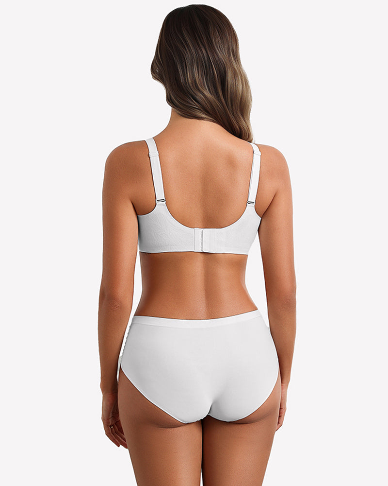 Seamless wireless full-coverage bra with lace trim, white, back straps