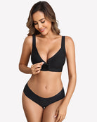 Black seamless front-closure bralette with V-neck; front clasp detail