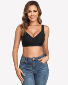 Black seamless front-closure bralette with V-neck and smooth no-show fabric