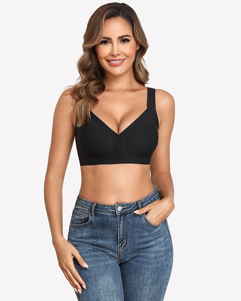 Black seamless front-closure bralette with V-neck and smooth no-show fabric