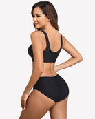 Black seamless front-closure bralette with racerback straps