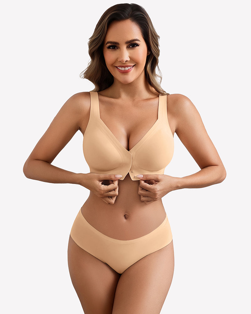 Beige seamless front-closure bralette with V-neck and soft cups