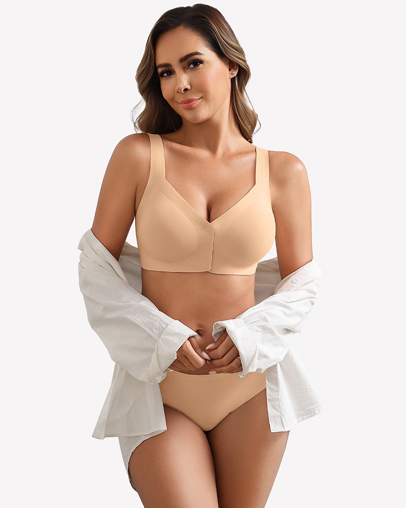 Nude seamless front-closure bralette, no underwire, V-neck front view