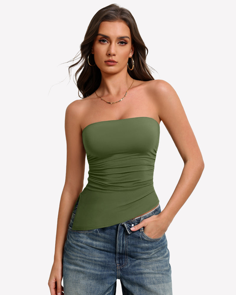 Green strapless tube top with ruched, double-lined look and smooth fit