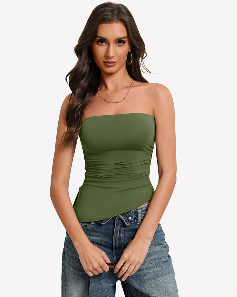 Green strapless tube top with ruched fabric and smooth fitted silhouette