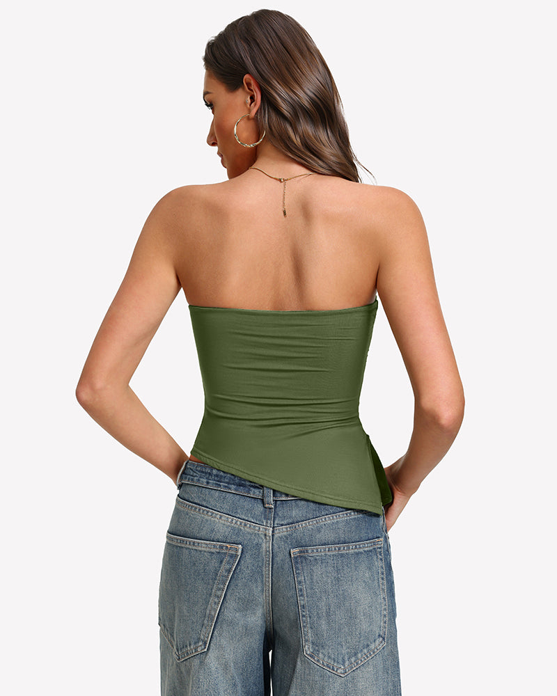 Green strapless tube top back view with ruched fabric and fitted hem
