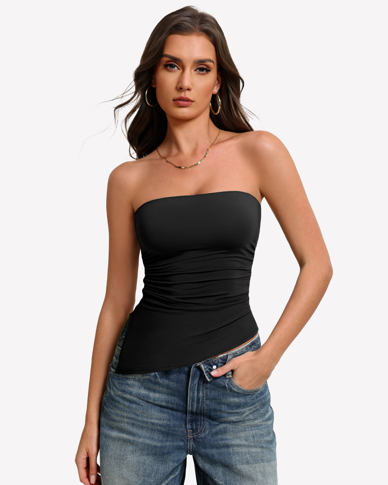 Black strapless tube top with ruched fabric and smooth fitted waist