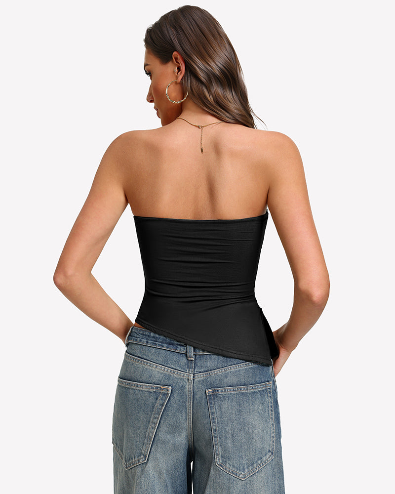 Black strapless tube top back view with ruched fabric and fitted hem