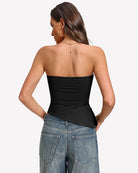 Black strapless tube top back view with ruched fabric and fitted hem