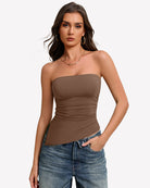 Brown strapless tube top with ruched fabric and smooth fitted silhouette