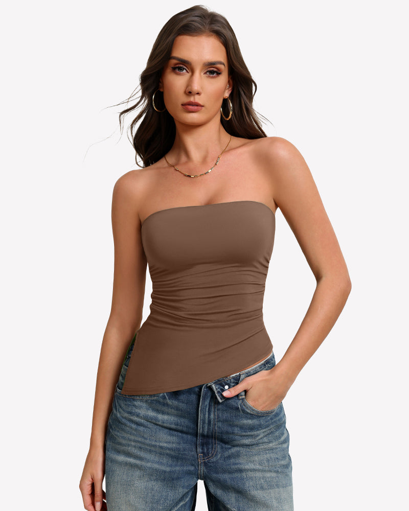 Brown strapless tube top with ruched fabric and smooth fitted silhouette