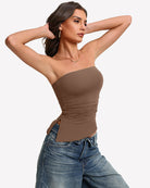 Nude strapless tube top with ruched waist, double-lined, non-slip fit