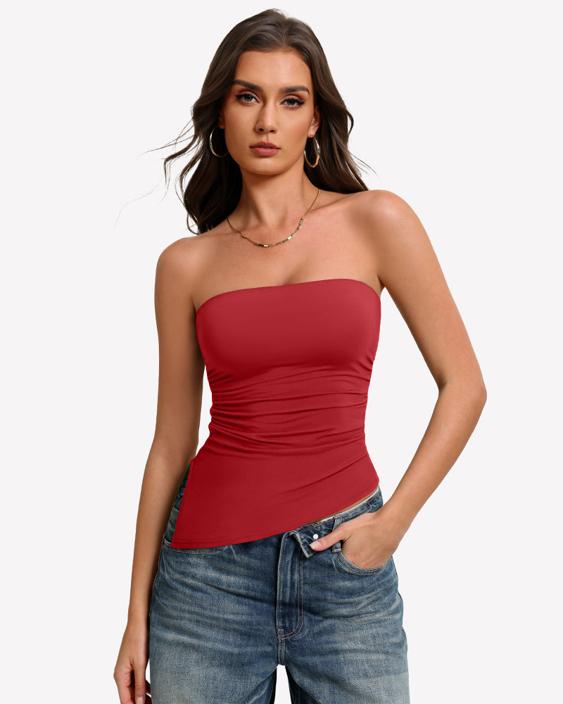 Dark red strapless tube top with ruched fabric and smooth fitted waist