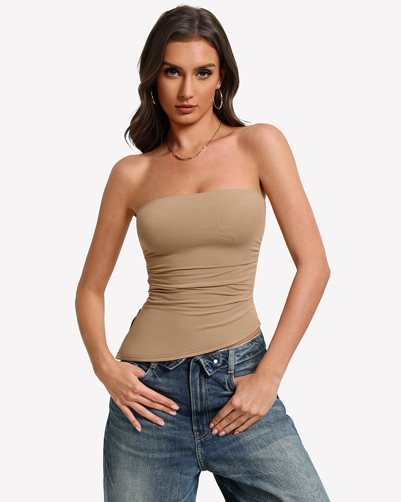 Nude strapless tube top with ruched fabric and smooth, fitted waist