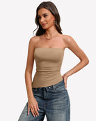 Nude strapless tube top with gathered sides, double-lined, smooth non-slip fit