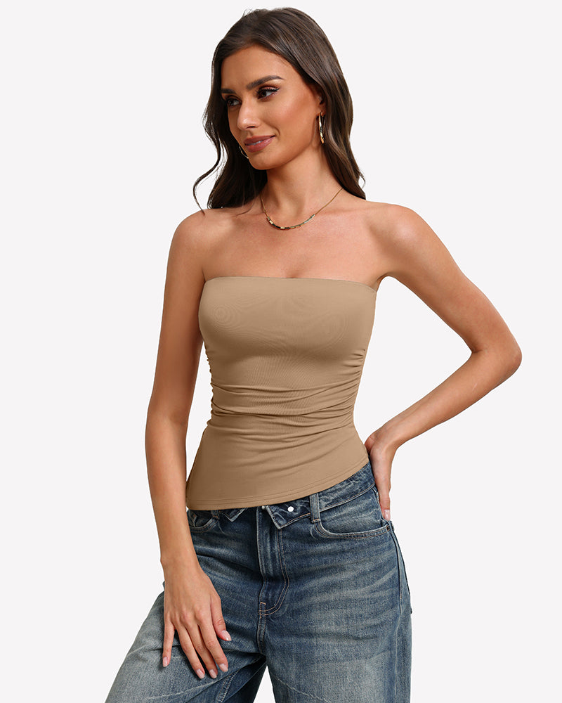 Nude strapless tube top with gathered sides, double-lined, smooth non-slip fit