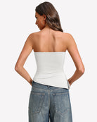 White strapless tube top back view with ruched fit, double-lined non-slip