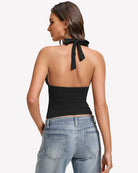 Backless black halter tank top with neck-tie bow and ruched double-lined back