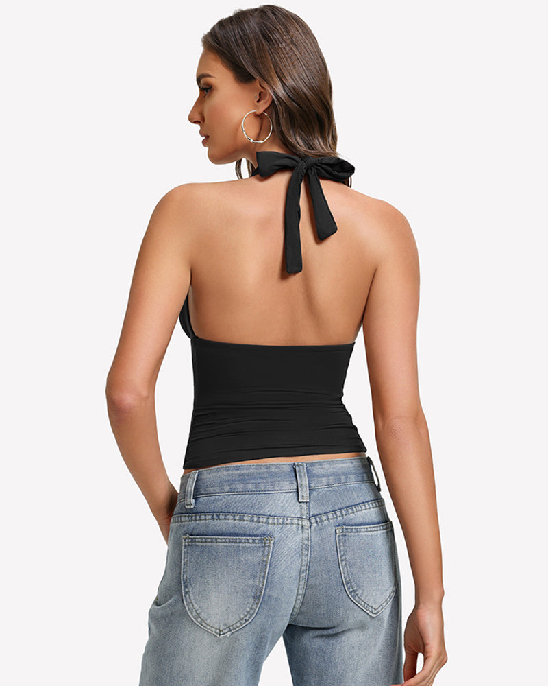 Backless black halter tank top with neck-tie bow and ruched double-lined back
