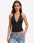 Black halter tank top with deep V front and ruched double-lined backless fit