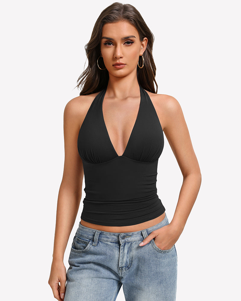 Black halter tank top with deep V front and ruched double-lined backless fit