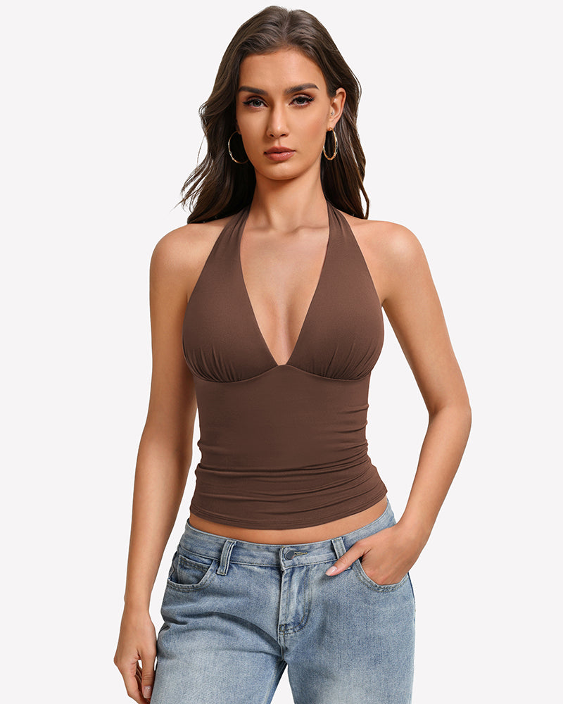 Brown halter tank top with deep V front and ruched double-lined backless fit