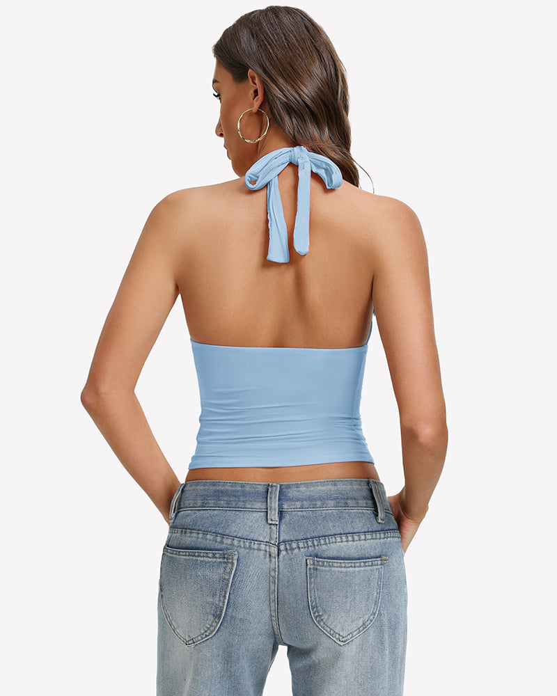 Backless light blue halter tank top with neck-tie bow and ruched double-lined back