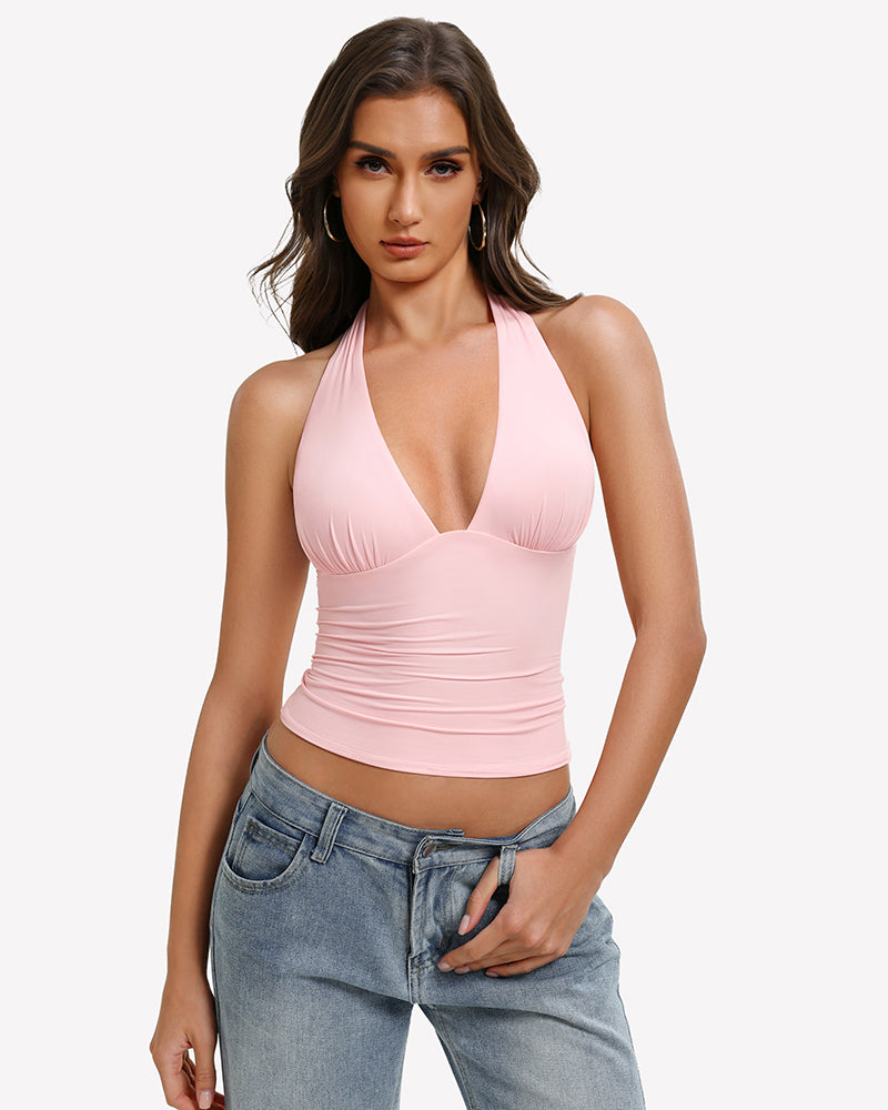 Pink halter tank top with deep V front and ruched double-lined backless fit