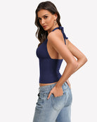 Navy blue halter tank top with deep V front and ruched double-lined backless fit