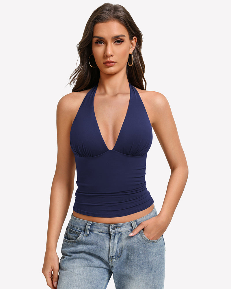 Navy blue halter tank top with deep V front and ruched double-lined backless fit