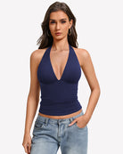 Navy blue halter tank top with deep V front and ruched double-lined backless fit