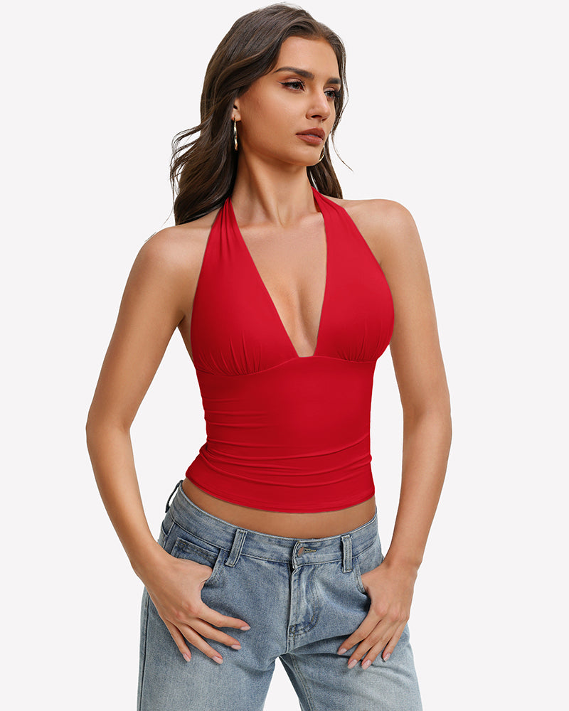 Red halter tank top with deep V front and ruched double-lined backless fit