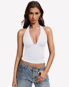 White halter tank top with deep V front and ruched double-lined backless fit