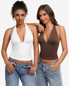 Double-lined backless halter tank top with deep V neckline, white